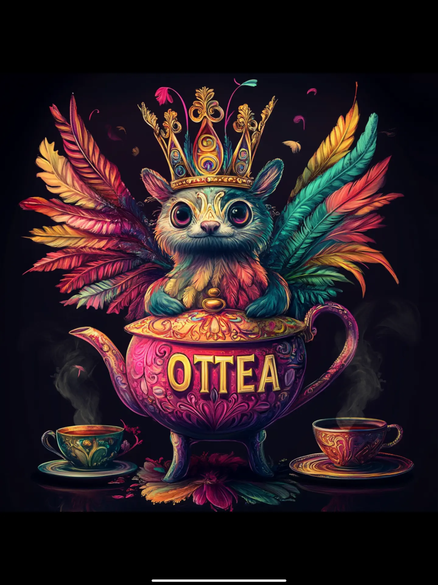 OTTEA crowned winged otter mascot illustration with teapot and teacups